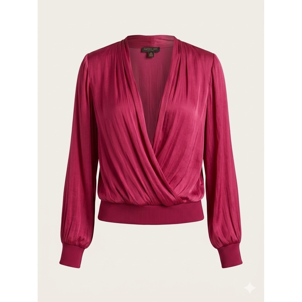 Current Air Wrap Blouse XS Burgundy Satin Ribbed Knit Cuff Romantic Coquette